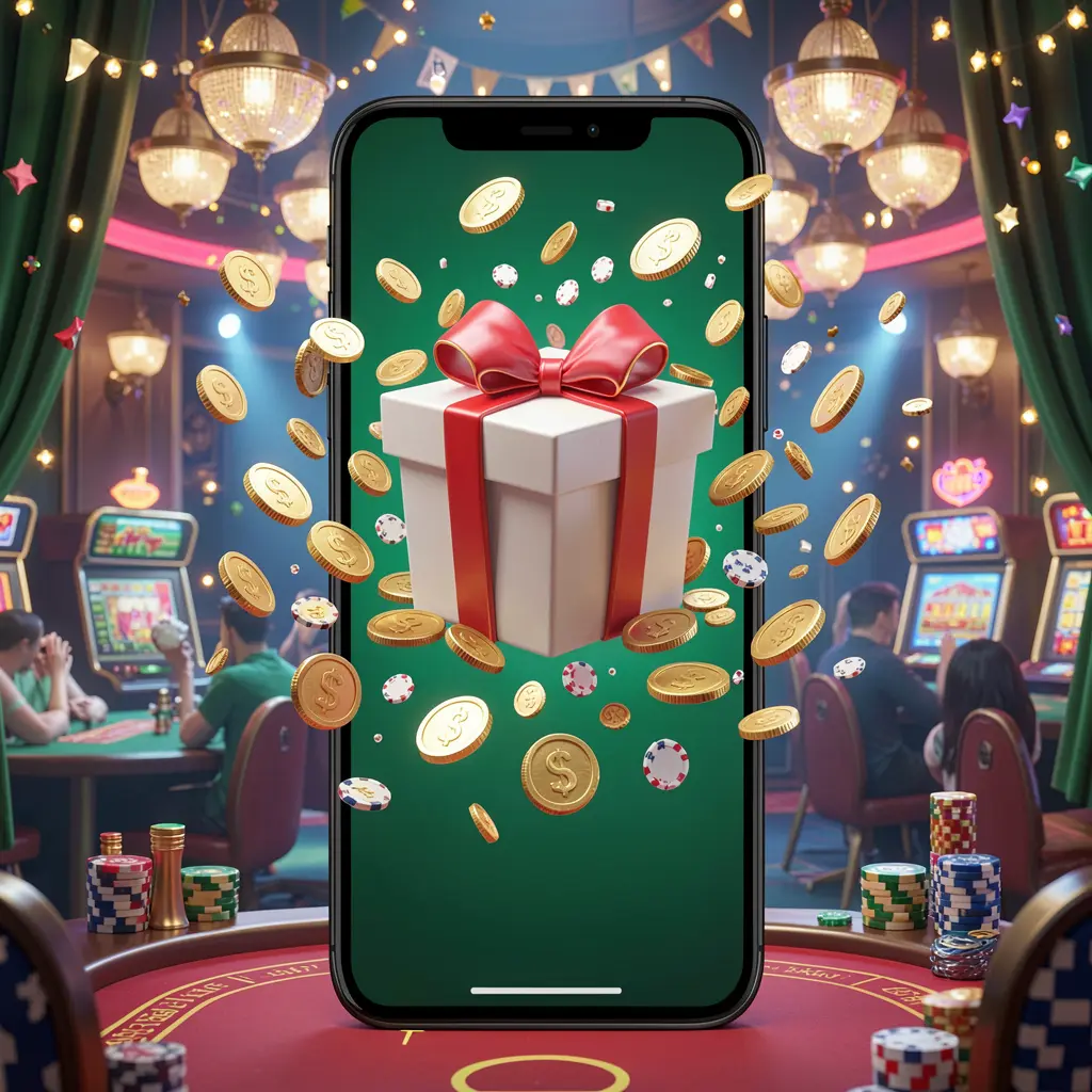 16GO mobile casino bonus app concept showing a phone screen with a gift box and coins bursting out in a festive casino atmosphere with premium 3D illustration