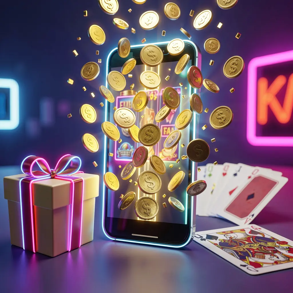 16GO mobile casino bonus banner featuring a smartphone with coins bursting from the screen, a gift box and playing cards nearby, all illuminated by a bright neon glow in a premium realistic 3D render