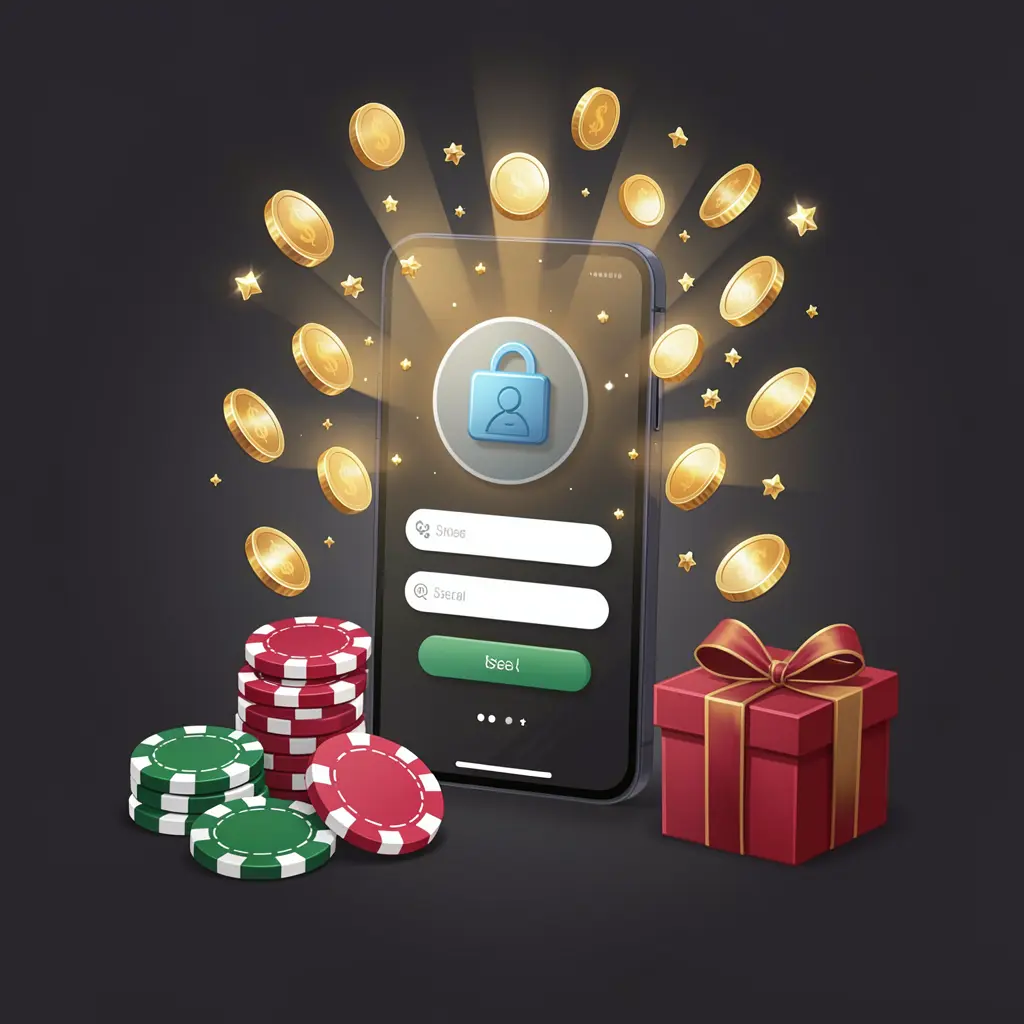 16GO casino user login illustration showing a phone with a secure access icon, golden coins bursting from the screen, poker chips and a gift box nearby on a dark premium background