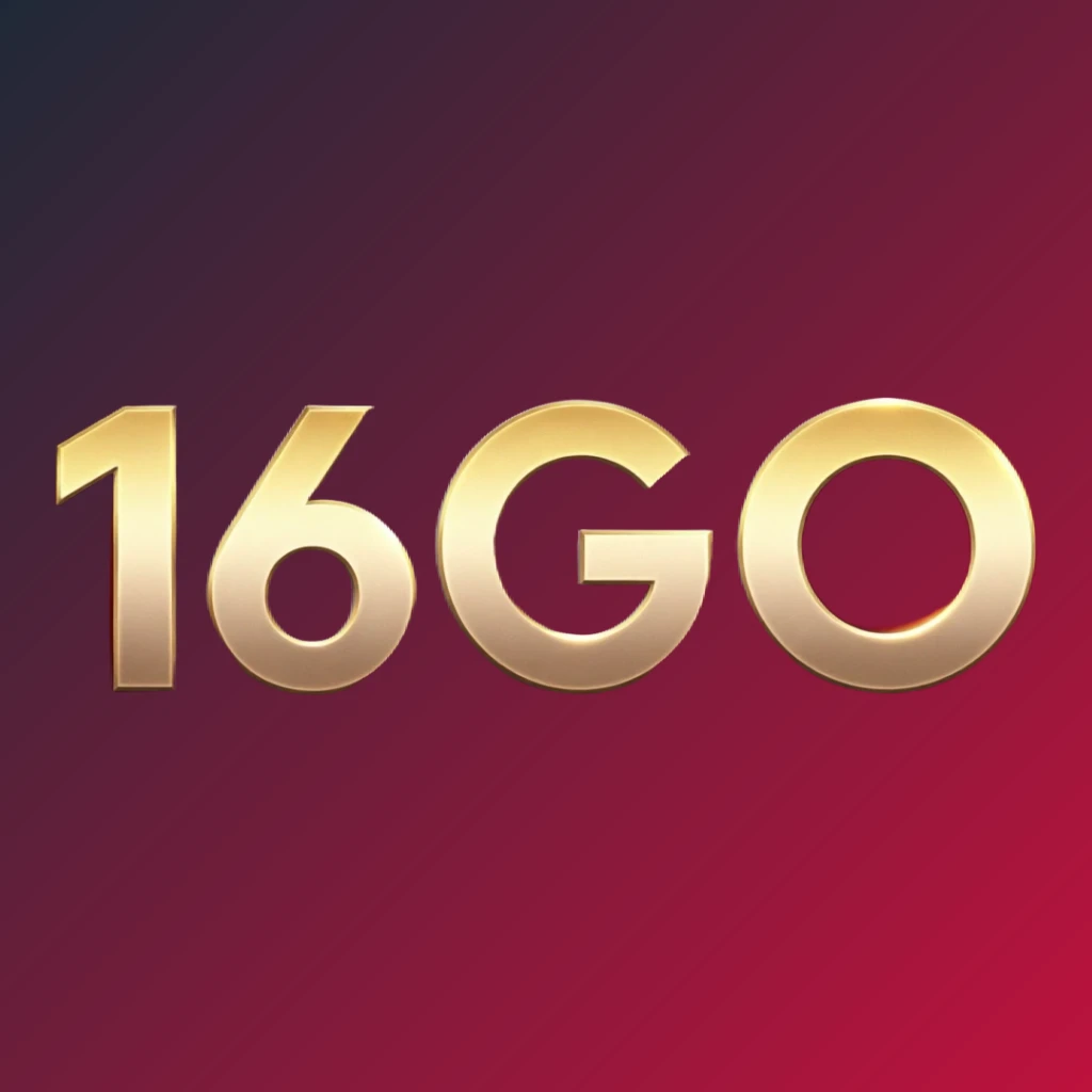 Luxury 16GO casino logo featuring rich gold gradient text with red and black accents, elegant lighting effects, designed as a horizontal rectangular wordmark for a high-end entertainment website header on a transparent background