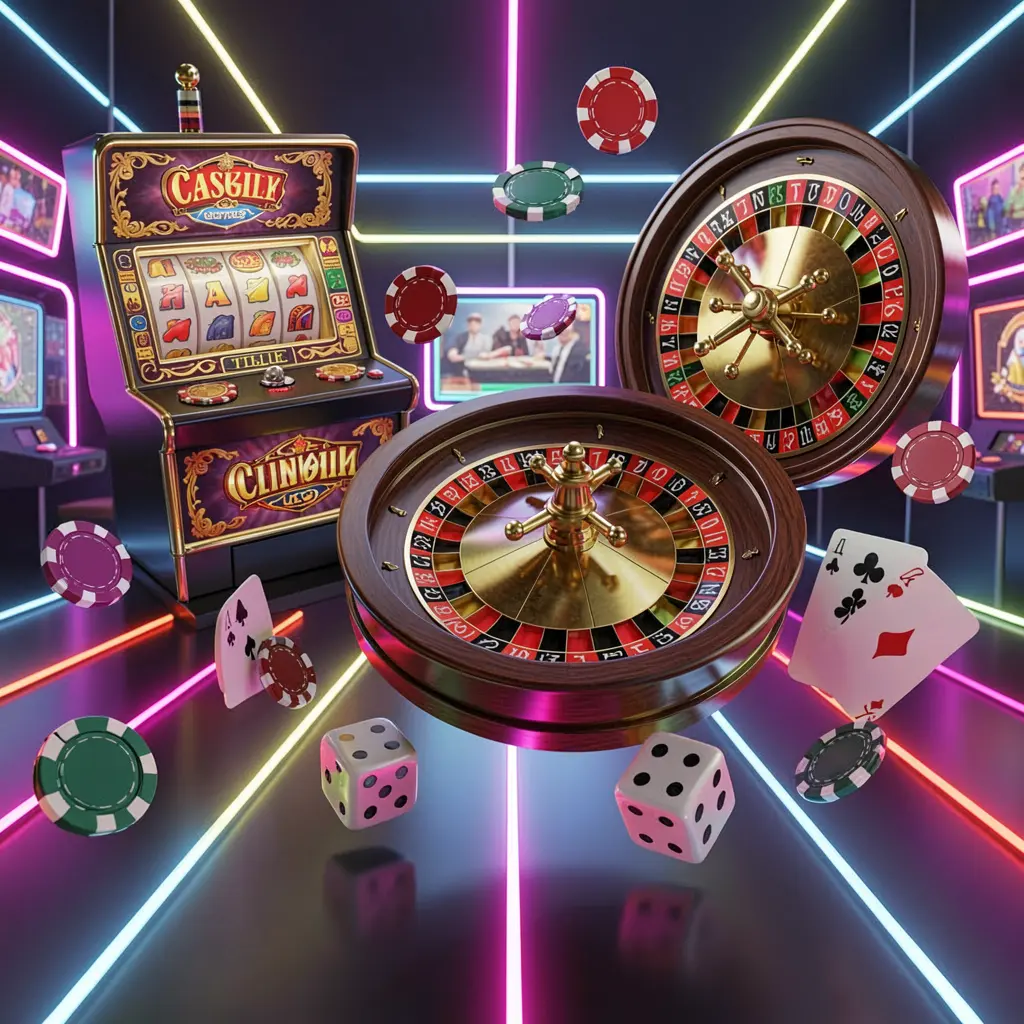 16GO casino games collection homepage visual featuring a slot machine, roulette wheel, dice, playing cards, and poker chips floating together with colorful neon lights in a premium 3D render
